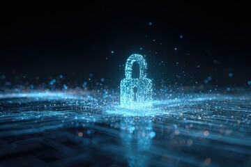 An illuminating digital padlock rendered in particles hovering above a circuit board