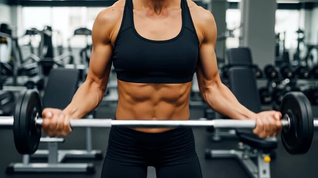Muscular caucasian woman in black sports bra and shorts performing bicep curls with barbell in gym, showing strong abs. Fitness and healthy lifestyle promotion - Powered by Adobe