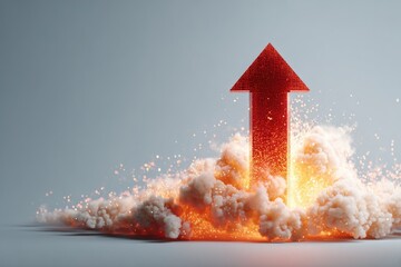 Dynamic 3D render of a blazing red arrow ascending through fiery smoke against a gray backdrop