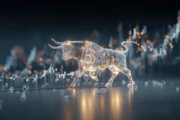 Glowing digital bull with Bitcoin symbol, in front of stock market chart, futuristic and financial