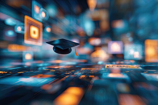 Floating mortarboard over a digital landscape with abstract shapes. Focus on education and technology