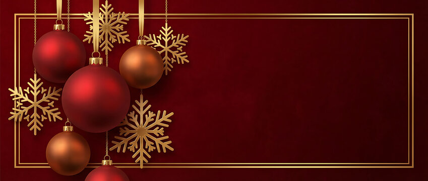 Christmas and 2025 New Year design. 3D red realistic christmas balls and decorative golden snowflakes hang on gold chains on red background. Elegant festive illustrator banner
