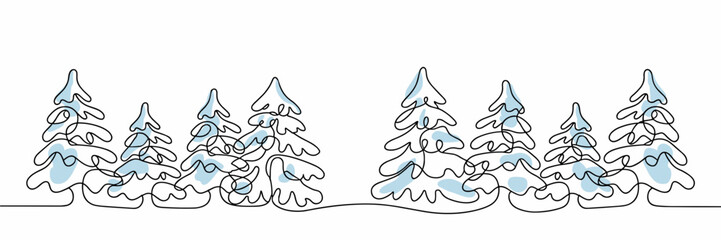 Minimalist line art of snow-covered pine trees in winter, pine trees single line with blue accents