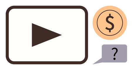 Video play button with dollar sign indicating monetization and speech bubble with question mark symbolizing decision-making. Ideal for finance, marketing, e-learning, content creation, branding