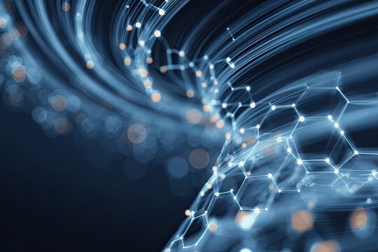 Abstract digital artwork featuring swirling blue lines and a hexagonal mesh structure - Powered by Adobe