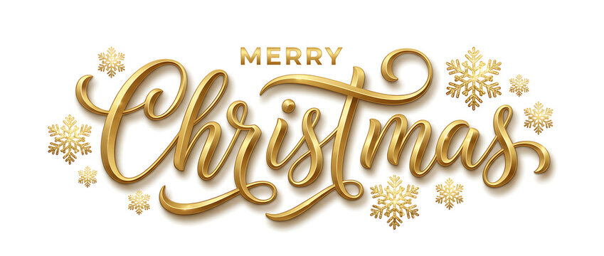 MERRY CHRISTMAS gold metallic brush calligraphy banner with snowflakes