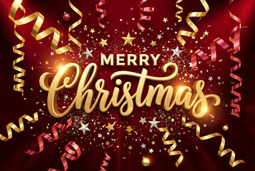 Merry Christmas. Vector 3d illustration. Festive golden lettering on red background with confetti particles, tinsel, streamers, stars. Festive banner design. Christian religious event sign
