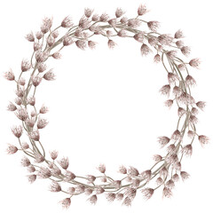 A lush wreath of steppe flowers. Isolated watercolor illustration for eco-projects, eco-park tickets, packaging design, interiors, and poster printing.