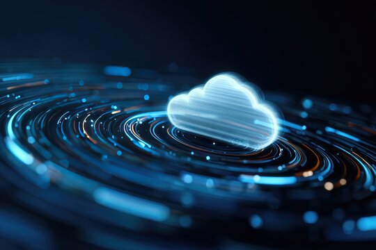 Digitally rendered cloud symbol surrounded by swirling lines of light, representing data