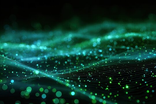 Abstract digital art with glowing particles and flowing lines, in shades of blue and green