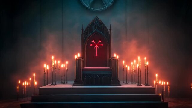 A gothic throne with intricate carvings and glowing candles, set in an ancient cathedral surrounded by dark shadows