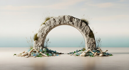 Fototapeta premium Stone arch arrangement by seaside with pebbles and driftwood for advertising