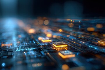 Dynamic close-up of intricate circuitry, showcasing glowing squares and connecting lines