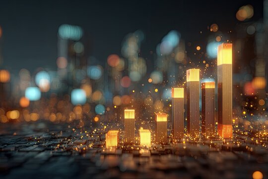 Glowing bars illustrate upward growth against a blurred cityscape at night, with sparkling details