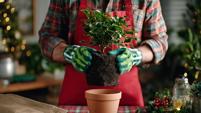 Potted plant gardener terracotta pot gardening gloves transplanting indoor plant soil evergreen holiday decor Green holly plant root ball held by