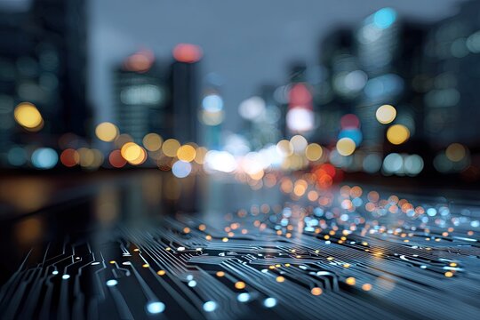 Futuristic cityscape with a circuit board foreground, lights bokeh and skyscrapers blurred - Powered by Adobe