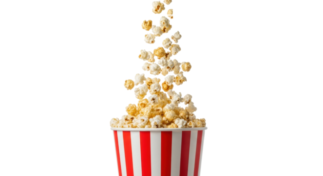 A classic red and white striped paper popcorn bucket overflowing with golden, buttery popcorn and airborne kernels, dynamic cascade on a transparent studio background. Concept of joyful abundance.
