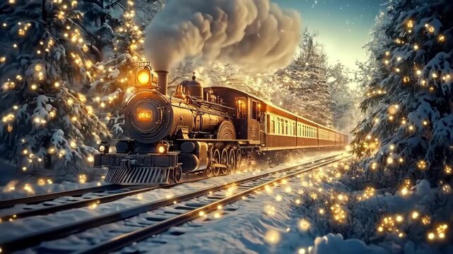 Vintage steam train journey through magical winter wonderland at twilight