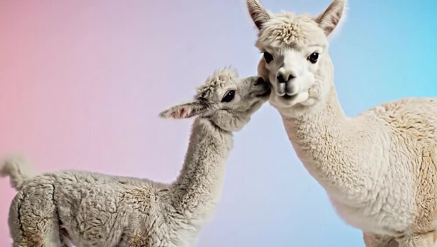 Two white llamas interacting closely against a pastel colored background in a studio setting