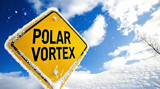 Polar vortex warning sign in snowy winter landscape with blue sky