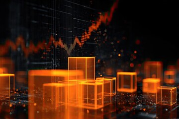 Abstract digital data representation with glowing orange cubes and a fluctuating line graph