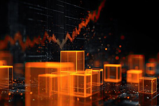 Abstract digital data representation with glowing orange cubes and a fluctuating line graph
