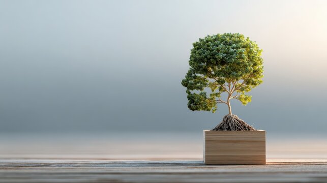 Creative bonsai tree sculpture displaying human head silhouette featuring roots and leaves on wooden surface with soft gradient background in natural light