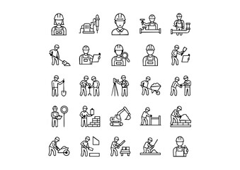 Black & White Construction Worker Icons: 25 Unique Vector Line Art, Vector Jobsite Personnel Set: Minimalist Monochrome Icons, The Complete Collection of Builder and Tool Iconography (Monoline)