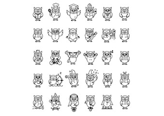 Black & White Owl Action Icons: Unique Vector Line Art, Vector Owl Activity Set: Minimalist Monochrome Icons, The Complete Collection of Owl Lifestyle Iconography (Monoline)