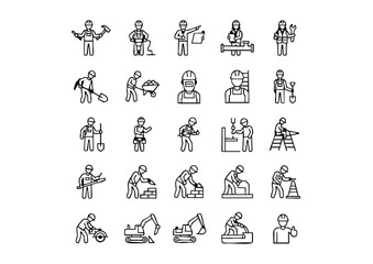 Black & White Construction Worker Icons: 25 Unique Vector Line Art, Vector Jobsite Personnel Set: Minimalist Monochrome Icons, The Complete Collection of Builder and Tool Iconography (Monoline)