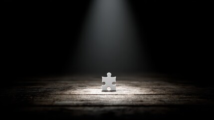 Single white puzzle piece illuminated by a spotlight on dark wooden background, symbolizing problem-solving and completion in various scenarios