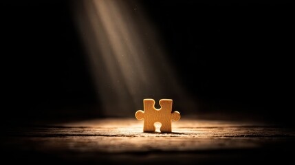 Puzzle Piece in Spotlight on Dark Background, Symbolizing Completion, Connection, and Problem Solving in Difficult Situations