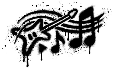 Graffiti guitar and music note symbols spray painted black on a white background.