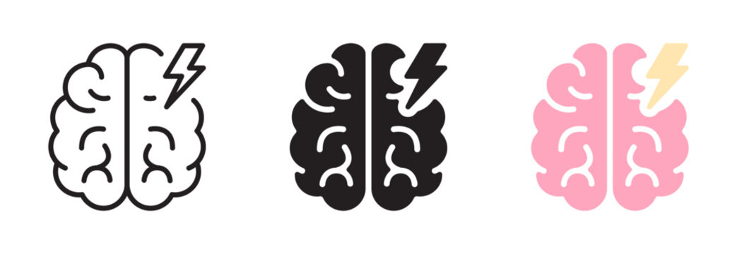 Brainstorming icon set. Brainstorm black sign. Teamwork, success, purpose, help, partnership concept. Brain and lightning symbol. Isolated on a white background. Editable stroke. Vector illustration.