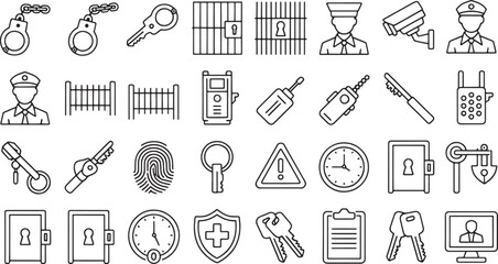 Collection of 20 line art vector icons representing security and access control elements