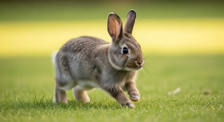 Fototapeta premium Adorable bunny rabbit running across green grass field.