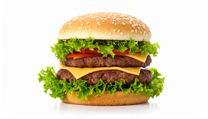 Delicious double beef burger featuring layers of fresh lettuce, tomato, and melted cheese, all nestled in sesame seed bun, perfect for satisfying hunger cravings