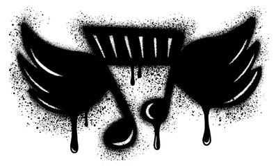 Spray Paint Graffiti Tone Icon wearing wings. graffiti music icon with over spray in black on white.