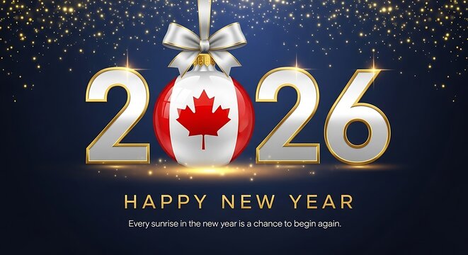 Celebrate a bright New Year 2026 with Canadian pride, wishing happiness and a fresh start under sparkling lights, ideal for seasonal greetings and festive promotions