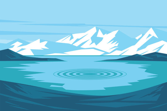 Serene arctic landscape featuring snow-capped mountains reflecting in a calm icy lake, perfect for nature illustrations