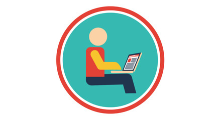 Illustration of a person sitting and working on a laptop computer inside a teal circle.