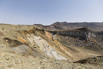 Panoramic view of of footwalk tot the crater of Mount Aso and Vulcano in Aso Kumamoto perfecture in Japan