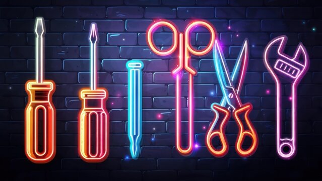 Neon-lit hand tools arranged on a dark brick wall, highlighting repair and construction themes