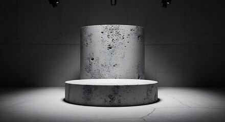 Two grey concrete cylinder platforms with spotlights on crack concrete floor