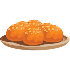 Orange Round Sweets Topped With Nuts Arranged On A Flat Brown Plate With Transparent Background