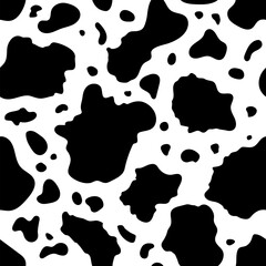 Cow abstract seamless pattern. Vector animal skin print, cute black dalmatian spots on white background. Natural stylized spotted texture for textile, fabric, dairy farm decor, wrapping paper, cover.