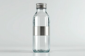 Glass bottle with a silver lid and band, partially filled with clear liquid. Use it to display liquid product, showcase label design or for brand promotion.