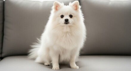 Adorable white Pomeranian dog sitting on a comfortable grey sofa looking at the camera.