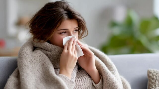 Young woman wrapped in blanket blowing her nose with tissue on couch sick tired indoor winter cold sneeze unwell and tired expression
