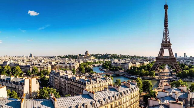 Surreal Paris Cityscape with Two Eiffel Towers and Panoramic View of Classic Architecture and River